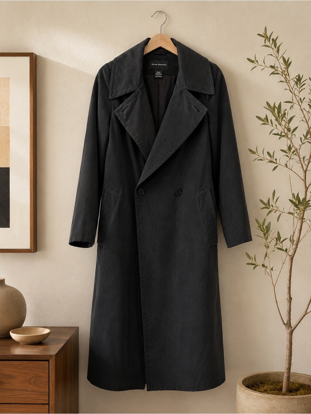 Club Monaco Black Double-Breasted Trench Coat